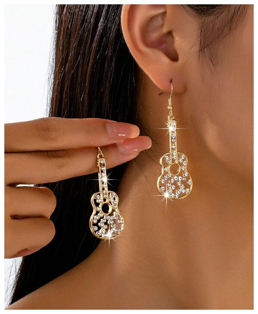 Guitar with accents - Earrings - Gold - CZs - 2.5"