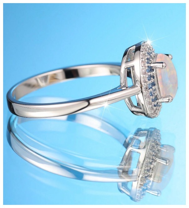 White simulated opal halo - Ring - Silver - CZs - Size 8