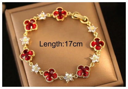 Red clover and flower - Bracelet - Gold - CZs - 7"