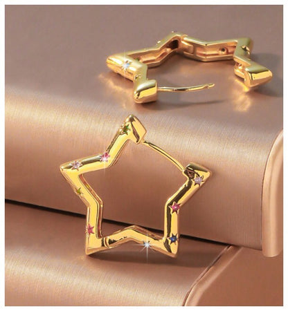 Multicolor accent star - Earrings - Gold - CZs - 1"