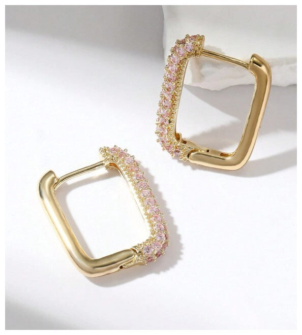 Pave rectangle hoop - Earrings - Silver - CZs - 1"