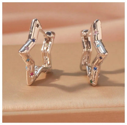 Multicolor accent star - Earrings - Silver - CZs - 1"