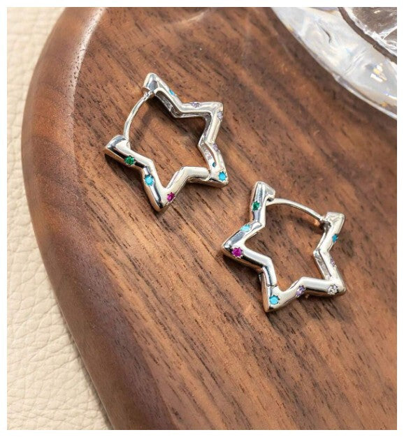 Multicolor accent star - Earrings - Silver - CZs - 1"