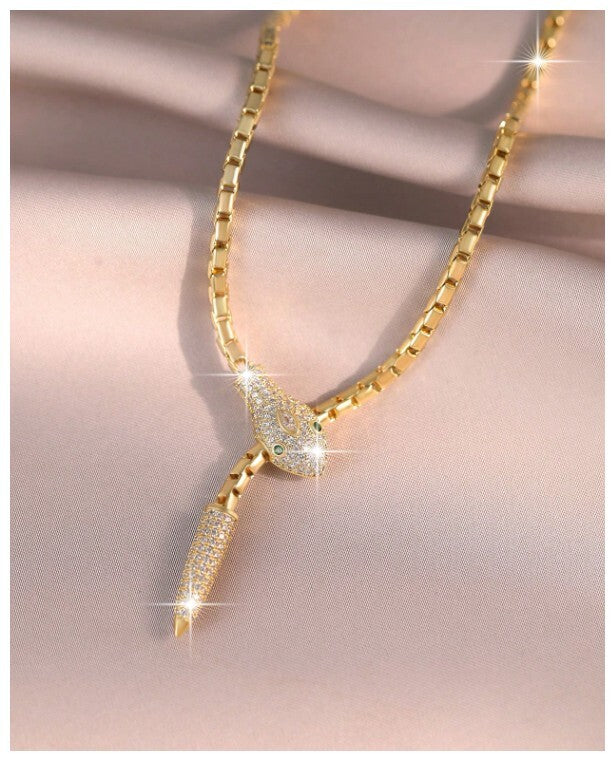 Green eyed snake - Necklace - Gold - CZs - 24"
