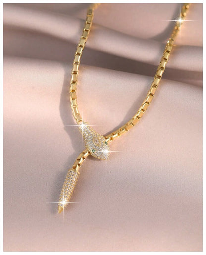 Green eyed snake - Necklace - Gold - CZs - 24"
