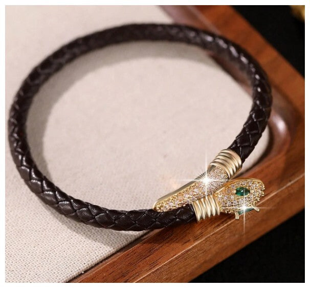 Black leather snake bracelet - Bracelet - Gold - CZs - 7"