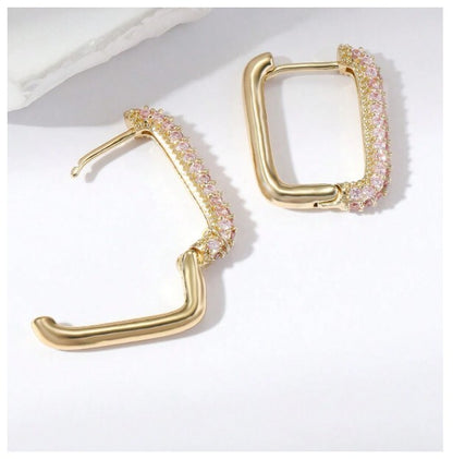 Pave rectangle hoop - Earrings - Silver - CZs - 1"