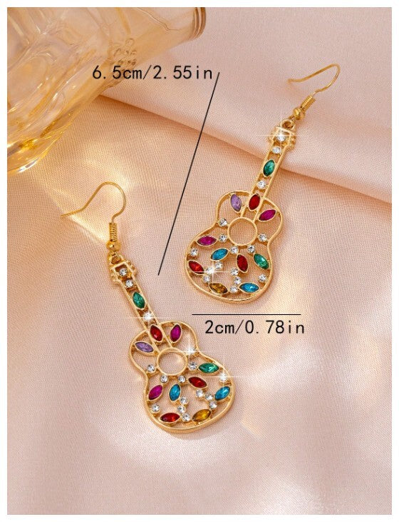 Multicolor marquise guitar - Earrings - Gold - CZs - 2.5"