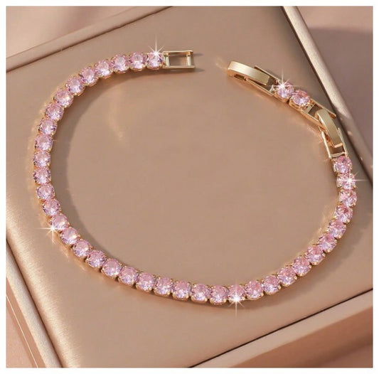 Pink round tennis - Bracelet - Gold - CZs - 4mm 7-8.5"