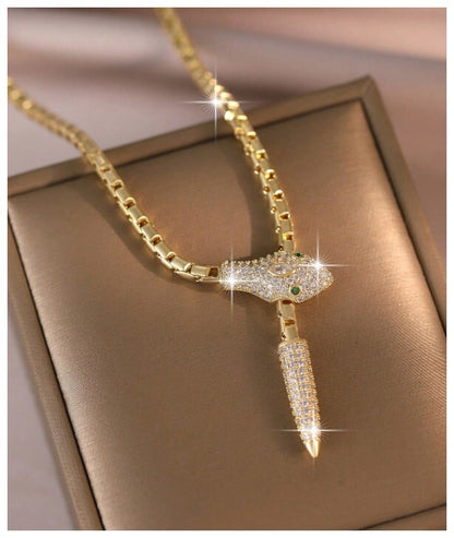 Green eyed snake - Necklace - Gold - CZs - 24"