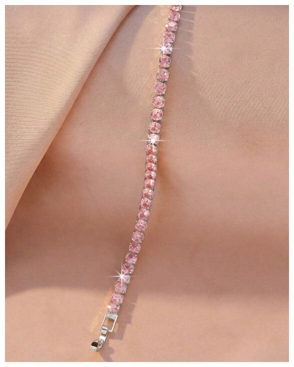 Pink round tennis - Bracelet - Silver - CZs - 4mm 7-8.5"