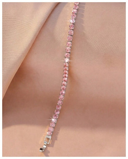 Pink round tennis - Bracelet - Silver - CZs - 4mm 7-8.5"