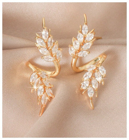 Gold leaf swirl - Earrings - Gold - CZs - 1.5"