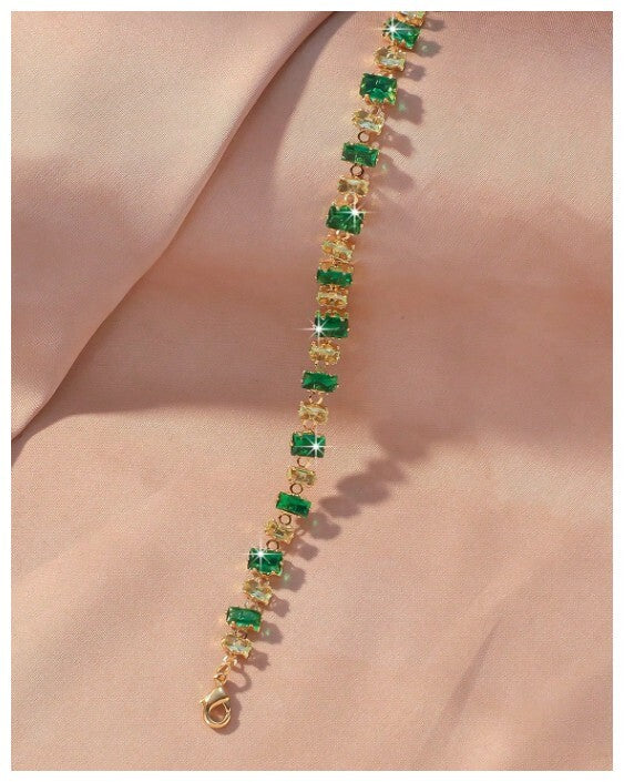 Light and dark green - Bracelet - Gold - CZs - 7-9"