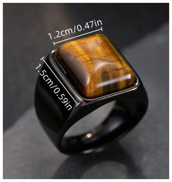 Brown tiger's eye - Ring - black stainless steel - Size 12