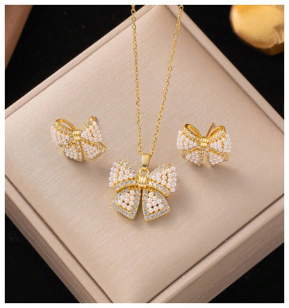 Pearl accent bow - Necklace/Earring set - Gold - CZs - 18"