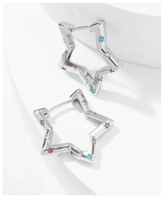 Multicolor accent star - Earrings - Silver - CZs - 1"