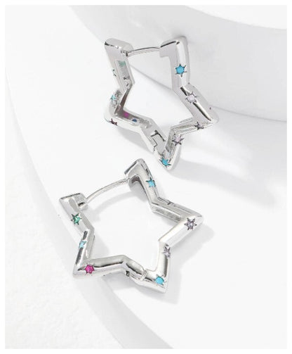 Multicolor accent star - Earrings - Silver - CZs - 1"