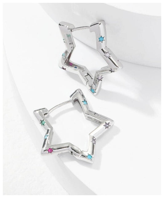 Multicolor accent star - Earrings - Silver - CZs - 1"