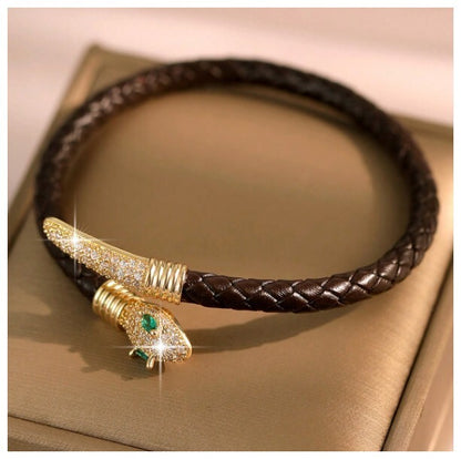 Black leather snake bracelet - Bracelet - Gold - CZs - 7"