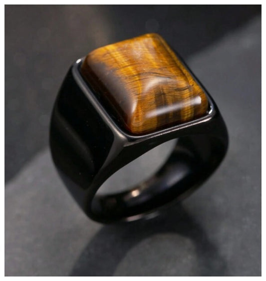 Brown tiger's eye - Ring - black stainless steel - Size 12