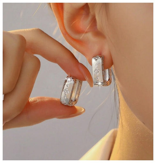 Clover accent hoops - Earrings - Silver - CZs - .7"