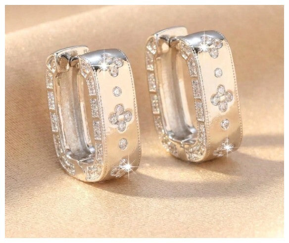 Clover accent hoops - Earrings - Silver - CZs - .7"