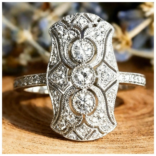 Antique Art Deco style - Ring - Silver - CZs - Size 7