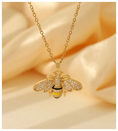 Yellow and black bee - Necklace - Gold - CZs - 18"