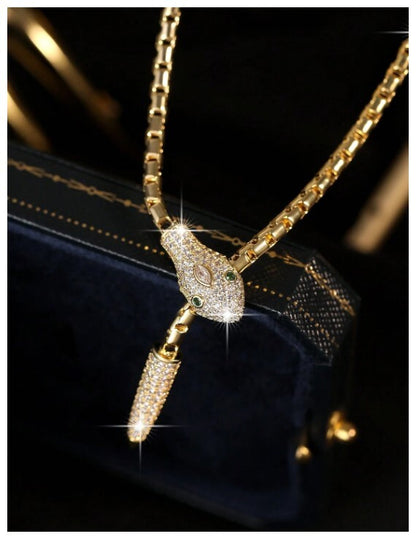 Green eyed snake - Necklace - Gold - CZs - 24"