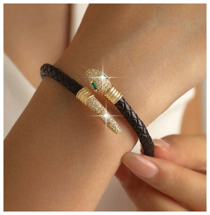 Black leather snake bracelet - Bracelet - Gold - CZs - 7"