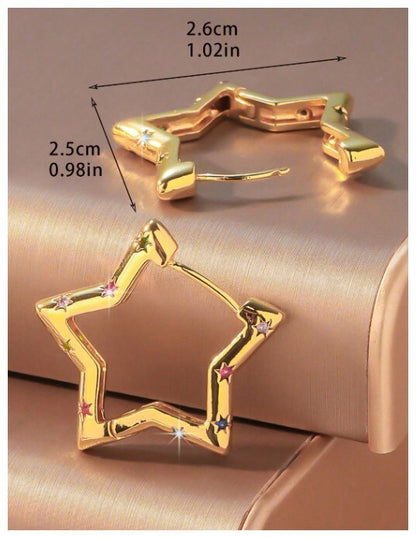 Multicolor accent star - Earrings - Gold - CZs - 1"