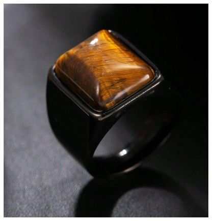Brown tiger's eye - Ring - black stainless steel - Size 10