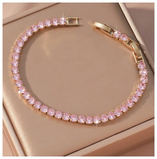 Pink round tennis - Bracelet - Gold - CZs - 4mm 7-8.5"