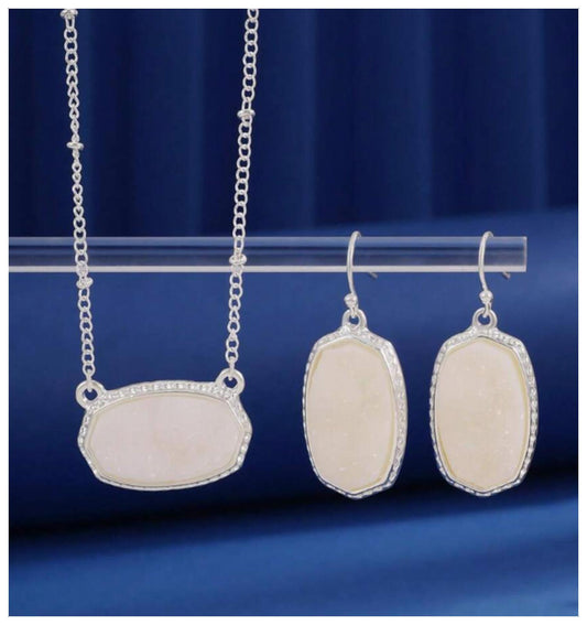 White glitter stone - Necklace/Earring set - Silver - CZs - 19"