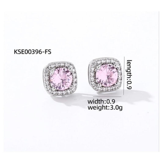 Pink Square thin halo Studs - silver - CZs - .9cm