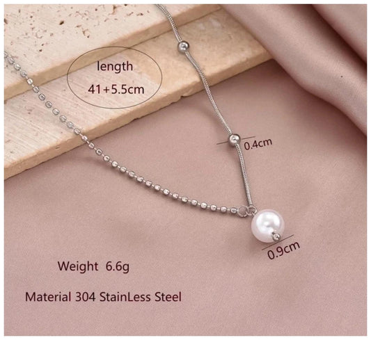 Pearl beaded snake chain - Necklace - Silver - artificial pearl/CZs - 18"