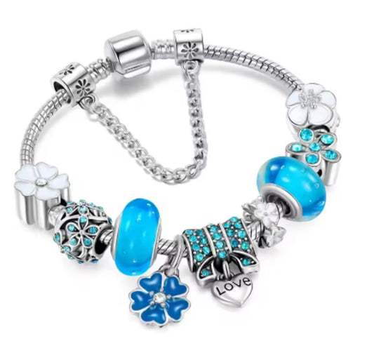 Blue beaded charm - Bracelet - Silver - CZs - 7.5"