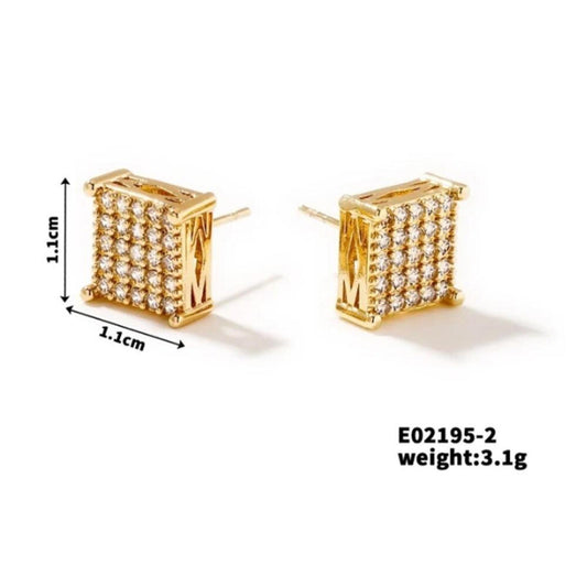 Square Studs - 18K Gold plated - CZs - 1.2cm