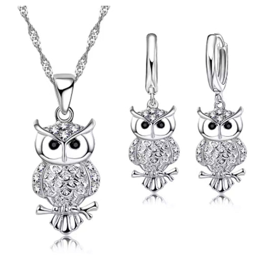 Sparkle Owl - Necklace/Earring set - Silver - CZs - 18"