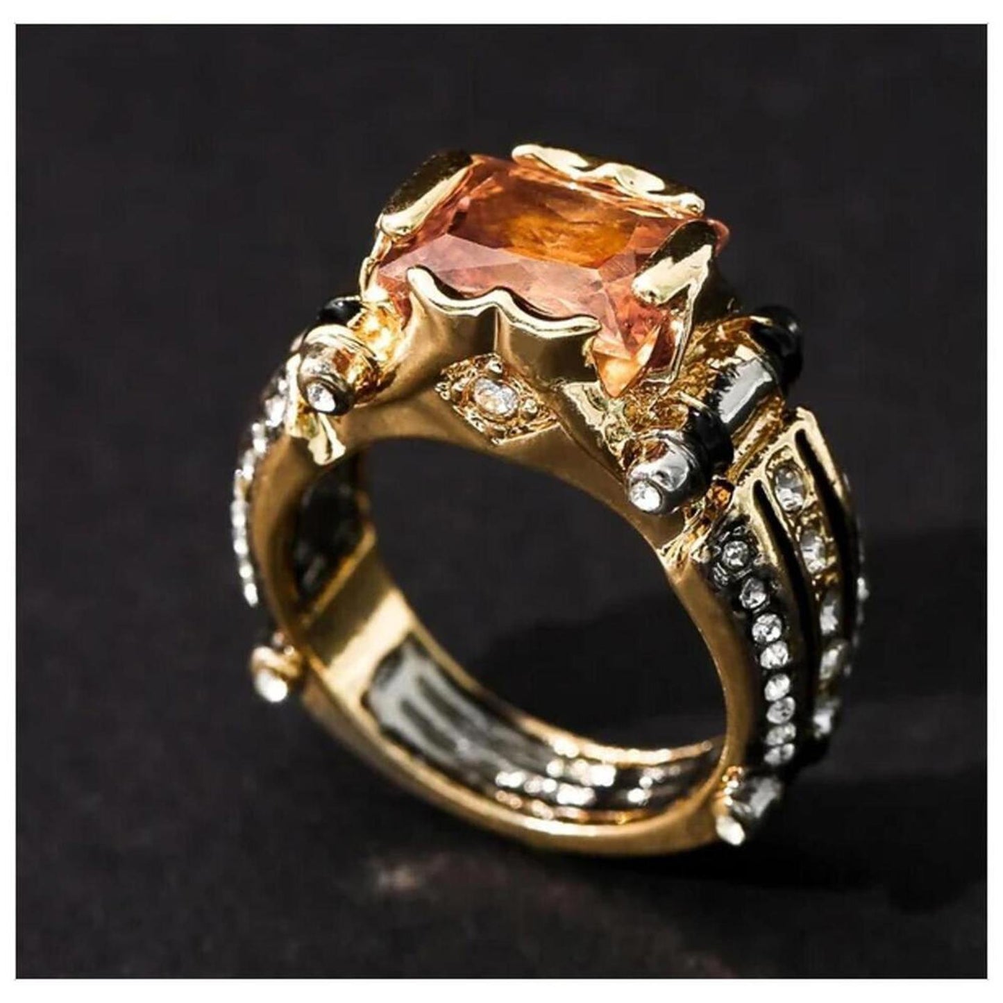 Champagne vintage style ring - gold and silver - CZs - size 8.
