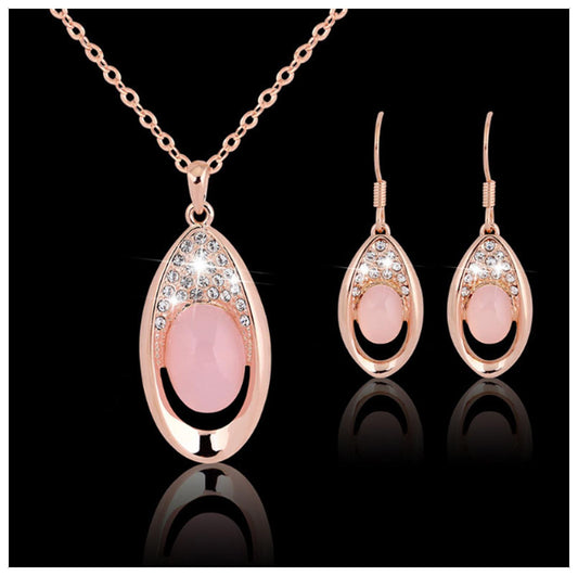 Pink oval Necklace/Earring set - Rose Gold - CZs - 18"
