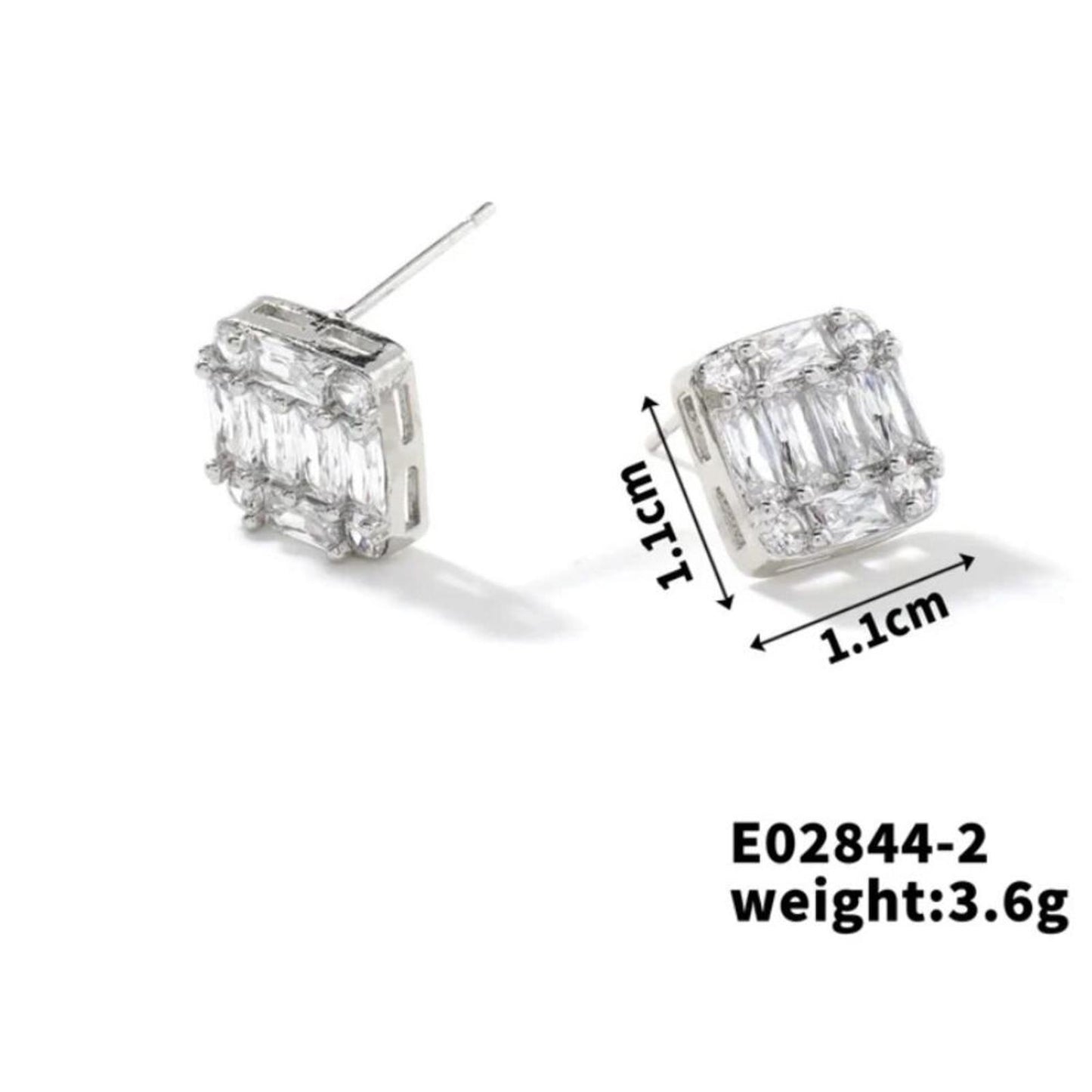 Square Baguette Studs - silver - CZs - 1.1cm
