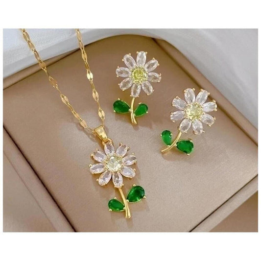 Daisy jewelry Set - 18K gold plated - CZs - Necklace and Earrings.