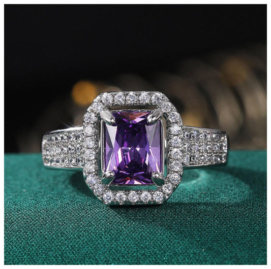 Purple radiant halo Ring - Silver - CZs - Size 8