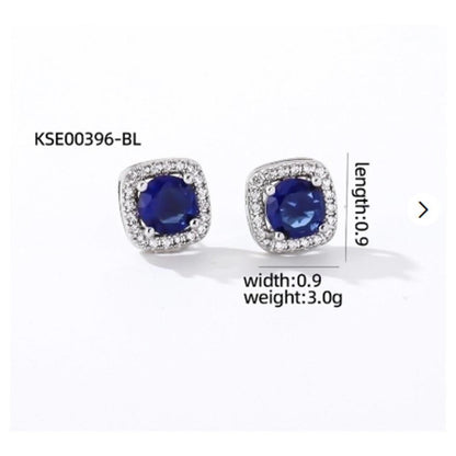 Blue Square thin halo Studs - silver - CZs - .9cm