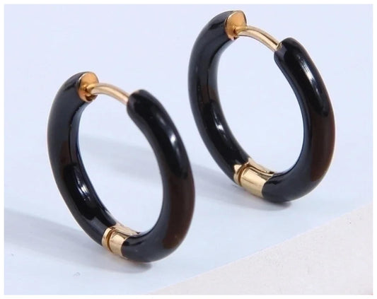 Black hinged enamel hoop - Earrings - Gold - 1.6cm