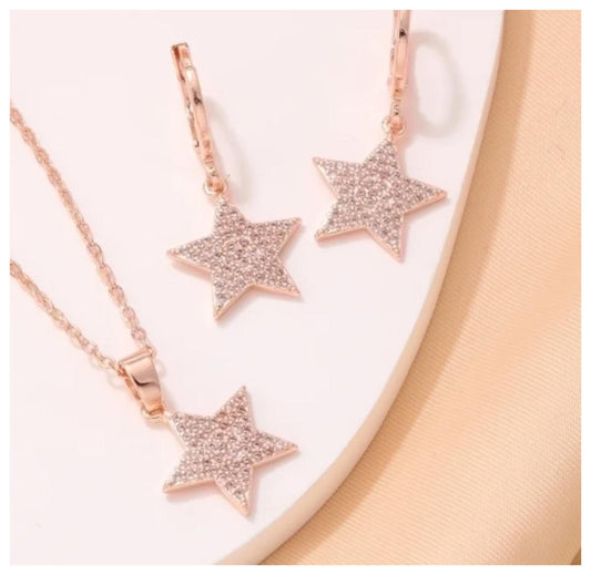 Sparkle stars - Necklace/Earring set - Rose Gold- CZs - 18"