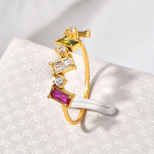 Multicolor rectangle ring - Gold - CZs - size 6