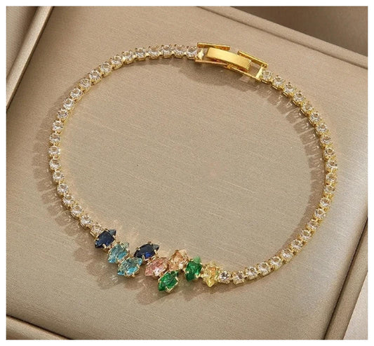 Multicolor marquis tennis - Bracelet - Gold - CZs - 7"
